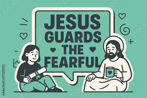 Guardian Banner Illustration. Jesus Guards the Fearful banner, flat vector illustration, bold oversized text inside sticker outline, cartoon characters sitting
