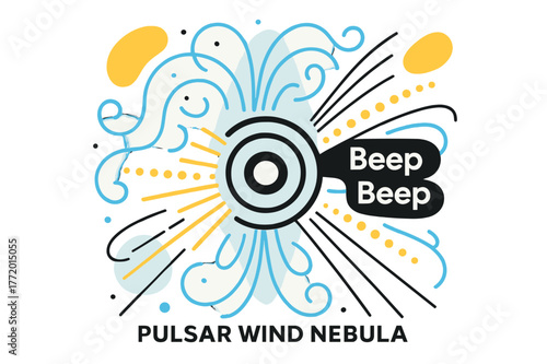 Pulsar Cosmic Symphony. Pulsar Wind Nebula. A central pulse ring ripples outward; ?Beep ? Beep? ticks like a heartbeat beside magnetic field lines. Charged