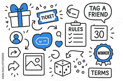 Giveaway Doodle Icons. // Giveaway campaign. Hand-drawn doodle illustration giveaway campaign [gift box with bow (accented), entry ticket (accented), rules