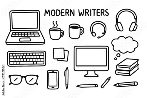 Writer's Tools Doodle. Modern writers. Hand-drawn doodle illustration modern writers laptop, keyboard, coffee mug, headphones, notebook, pen, smartphone,
