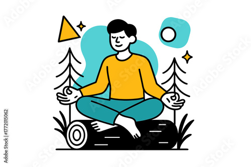Silent Geometric Meditation. Silent Forest. Person meditating on a log in the forest with floating abstract geometric shapes and soft glowing accents, tranquil