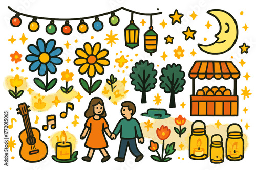 Enchanting Evening Garden. Evening garden lights. Colorful Hand-drawn doodle Children illustration Evening garden lights fairy lights, lanterns, flowers