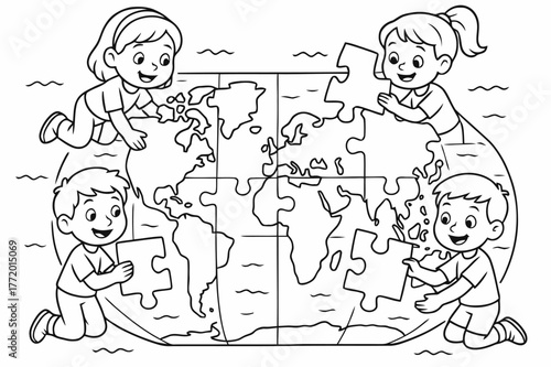 World Map Puzzle. World map puzzle children?s coloring book illustration, outlined drawing, continents shaped as puzzle pieces being placed together by smiling