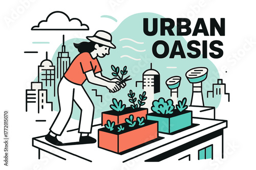 Urban Rooftop Oasis. Green infrastructure ? Rooftop gardens. City skyline hums as modular planters hover; a gardener snips herbs, wind lines swirl. ?URBAN