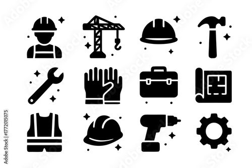Construction Tool Icons. Construction Crew. Solid icons set of Construction Crew: construction worker, crane, hard hat, hammer, wrench, gloves, toolbox,