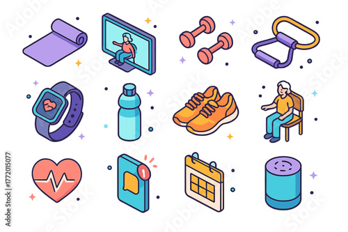 Senior Fitness Icons. Home fitness for seniors. Colorful isometric vector icons set of Home fitness for seniors: exercise mat, TV workout screen, resistance