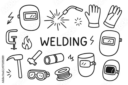 Welding Tools Doodle. Welding. Hand-drawn doodle illustration welding torch, sparks, helmet, gloves, mask, pipe, joint, metal plate, clamp, hammer, wire spool,