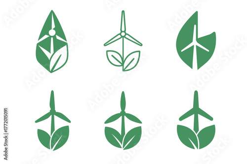 Renewable Energy Logos. Renewable energy ecology. Set Logo of Renewable energy ecology: wind turbine and leaf. harmonious logo variations of the same