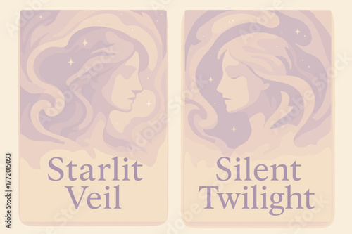 Cosmic Banners Design. Cosmic Veil. Two vertical A6 banners with safe margins, centered composition, no elements touching edges, pastel, lavender and cream,