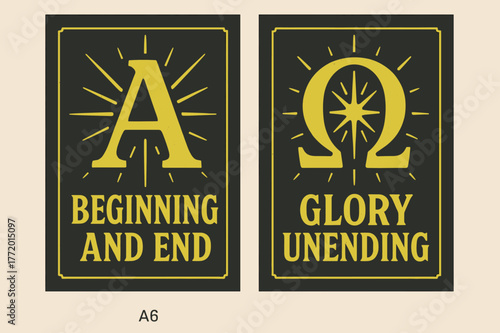Alpha Omega Retro Banners. Alpha and Omega. Two vertical A6 banners with safe margins, centered composition, no elements touching edges, retro, charcoal and