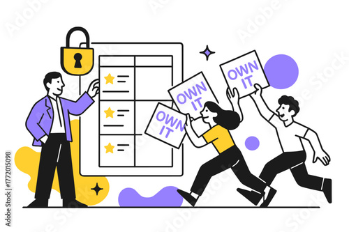 Unlocking Team Autonomy. Trust & Autonomy. A leader opens a lock over a task board; teammates grab cards labeled ?own it?. Subtle stars mark wins without