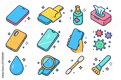 Phone Maintenance Icons. Phone maintenance. Colorful isometric vector icons set of phone maintenance: smartphone, cleaning cloth, disinfecting spray, wipes,