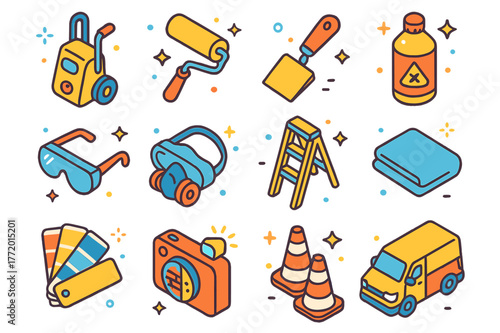 Graffiti Removal Icons. Graffiti removal crew. Colorful isometric vector icons set of graffiti removal crew: pressure washer, paint roller, scraper, solvent