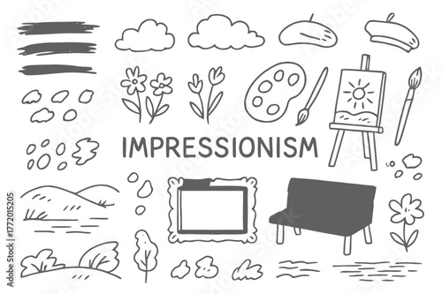Impressionist Art Icons. Impressionism. Hand-drawn doodle illustration impressionism paint strokes, soft clouds, flowers, palette, beret, easel, brush, sun,