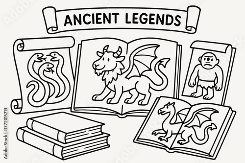 Mythical Creatures Coloring Page. Ancient legends learning page children?s coloring book illustration, outlined drawing, scrolls and books open to pictures of