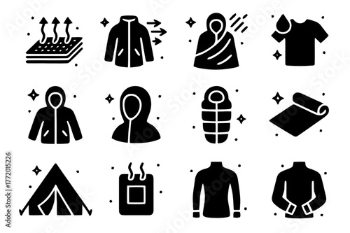 Heat Loss Prevention Icons. Preventing heat loss. Solid icons set of Preventing heat loss: conduction barrier mat, windproof shell, reflective blanket, dry