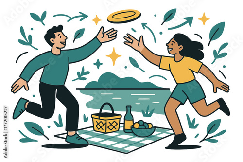 Picnic by the Lake. A couple having a picnic by the lake, relaxing and enjoying the outdoors. Couple playing with a frisbee near the lake with abstract