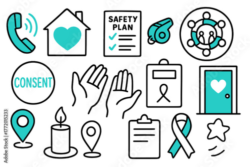 Anti-Violence Support Icons. Anti-violence advocacy. Hand-drawn doodle illustration anti-violence advocacy hotline phone (accented), shelter house (accented),