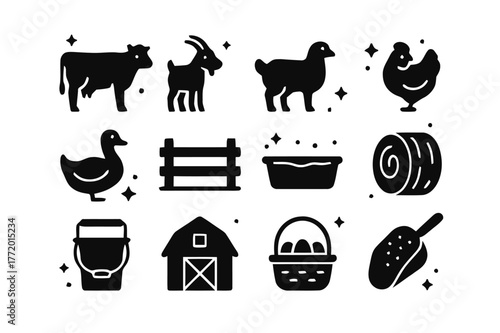 Organic Farm Icons. Organic livestock and dairy. Solid icons set of Organic livestock and dairy: cow, goat, sheep, chicken, duck, pasture fence, water trough,