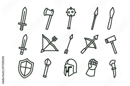 Medieval Weapon Icons. Medieval weapons. Line icon set of medieval weapons: sword, axe, mace, spear, dagger, bow, arrow, crossbow, shield, warhammer, helmet,