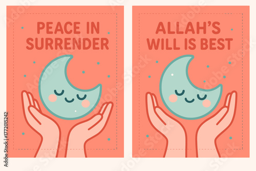 Peaceful Moon Banners. Submission. Two vertical A6 banners with safe margins, centered composition, no elements touching edges, kawaii, coral and teal, smiling