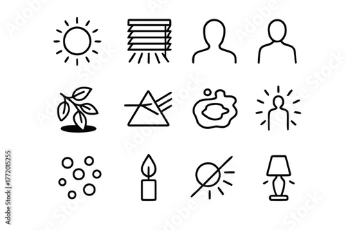 Light and Shadow Icons. Light and Shadow. Line icon set of Light and Shadow: sunbeam, window blinds, silhouette, shadow of leaves, prism rainbow, reflection
