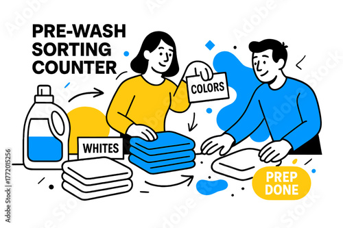 Pre-Wash Sorting Counter. Pre-Wash Sorting Counter. A clean countertop layout with detergent, labels, and folded stacks; ?Prep Done? tag glows softly near a