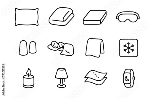 Sleep Comfort Icons. Sleep comfort. Line icon set of sleep comfort: pillow, duvet, mattress, eye mask, earplugs, sleep posture, blanket, cooling pad,