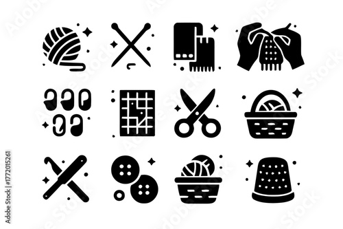 Scarf Crafting Icons. Scarf Crafting. Solid icons set of Scarf Crafting: yarn ball, knitting needles, scarf, hands, stitch markers, pattern chart, scissors,