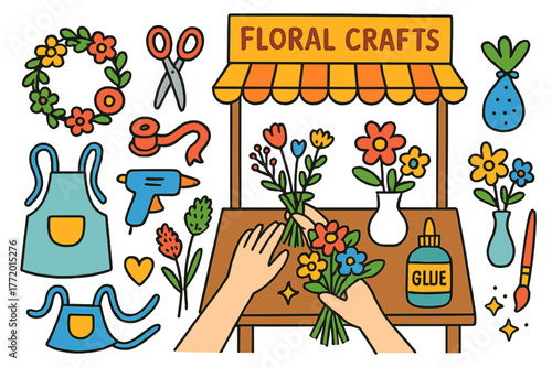 Floral Crafts Booth. Floral crafts booth. Colorful Hand-drawn doodle Children illustration Floral crafts booth wreath, scissors, ribbon, glue gun, dried