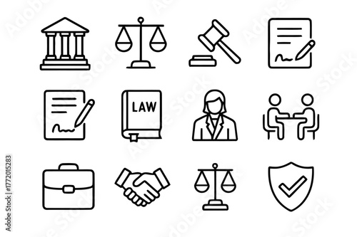 Legal Icon Set. Legal Advice and Support for Individuals and Businesses. Line icon set of Legal Advice and Support for Individuals and Businesses: courthouse,