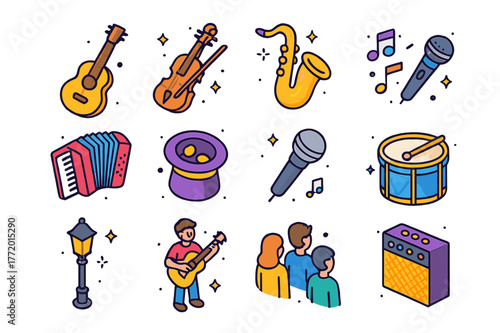 Musical Street Icons. Musical street act. Colorful isometric vector icons set of musical street act: guitar, violin, saxophone, drum, accordion, hat for tips,