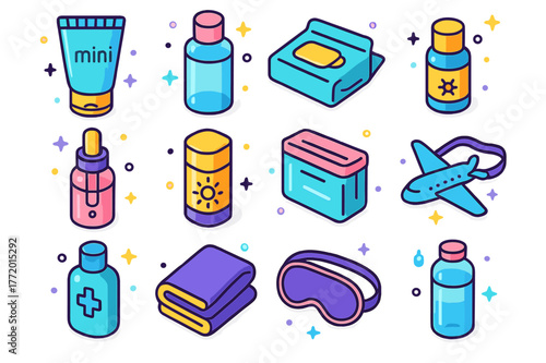 Travel Skincare Essentials Icons. Travel skincare hygiene. Colorful isometric vector icons set of Travel skincare hygiene: mini cleanser tube, travel-sized