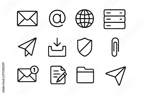 Domain Email Icons. Domain email services. Line icon set of domain email: envelope, at symbol, globe, server, send arrow, inbox, spam shield, attachment clip,