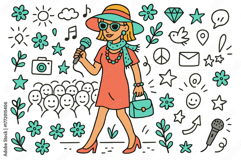 Fototapeta premium Colorful Fashion Model. Fashion design. A model wearing a bold and colorful outfit at an outdoor event. Hand-drawn doodle illustration A model wearing a bold