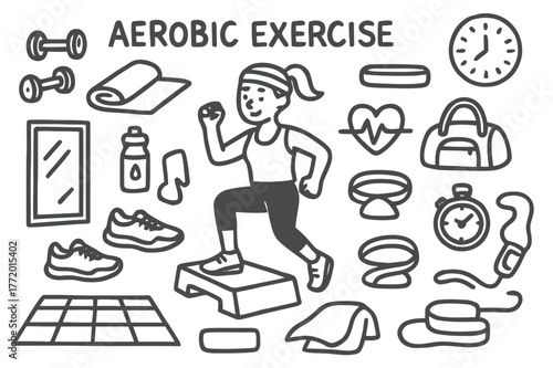 Aerobic Exercise Doodle. Aerobic Exercise. Hand-drawn doodle illustration Aerobic Exercise person stepping on platform, dumbbells, yoga mat, sneakers, water