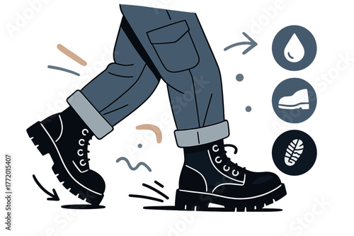 Dynamic Workwear Boots. Workwear utility boots. Cargo pants cuffed above tough boots; icons mark ?oil-resistant,? ?steel toe,? and ?grip.?