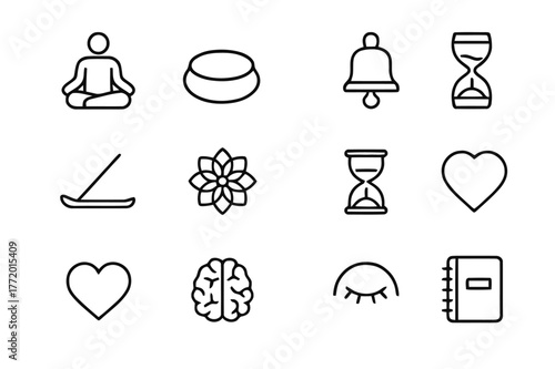 Meditation Icon Set. Meditation and mindfulness. Line icon set of meditation and mindfulness: lotus pose, cushion, breathing waves, mindfulness bell, incense