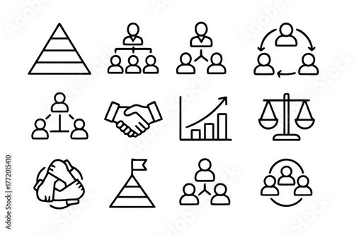 Team Structure Icons. Team pyramid. Line icon set of team pyramid: pyramid layers, team hierarchy, leader figure, middle manager, team members, collaboration