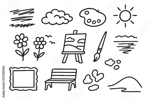 Impressionism Doodle Sketch. Impressionism. Hand-drawn doodle illustration impressionism paint strokes, soft clouds, flowers, palette, beret, easel, brush,