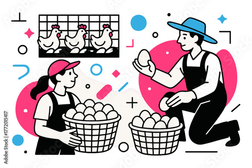 Geometric Poultry Harvest. Poultry Farm. Eggs being collected in baskets with floating abstract geometric shapes and soft glowing accents, organized and