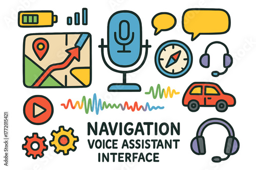 Colorful Navigation Doodles. Navigation voice assistant interface. Colorful Hand-drawn doodle Children illustration Navigation voice assistant interface