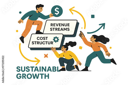 Layered Business Growth. Pitch Deck ? Business Model. Layered cards show revenue streams and cost structures; arrow loops tie them together. Caption