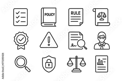 Legal Compliance Icon Set. Legal Compliance. Line icon set of Legal Compliance: checklist, policy book, rule document, law scroll, tick badge,
