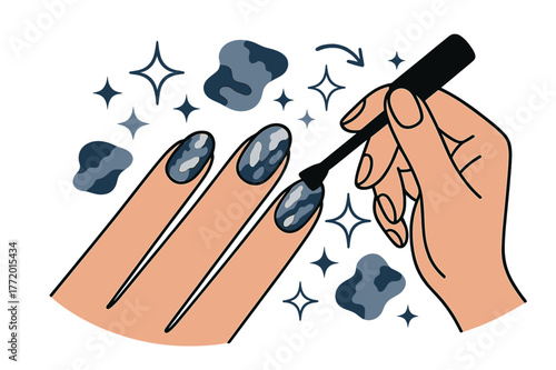 Foil Nail Artistry. Foil nails. Hand holding nail polish brush with abstract floating foil patterns, sparkles, and stars; emphasizes beauty, style, and