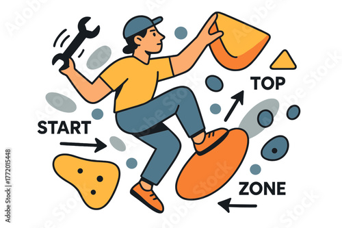 Route Setting Artistry. Route Setter at Work. A wrench spins as a setter places a bright sloper; arrows label ?Start / Zone / Top.? Holds float in a playful