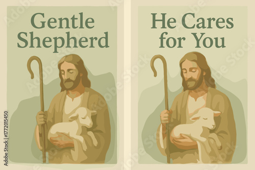 Gentle Shepherd Banners. Gentle Shepherd. Two vertical A6 banners with safe margins, centered composition, no elements touching edges, pastel, sage and cream,