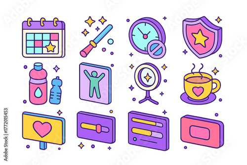 Streamer Self-Care Icons. Streamer self-care. Colorful isometric vector icons set of Streamer self-care: stream schedule calendar, chat moderator wand, slow