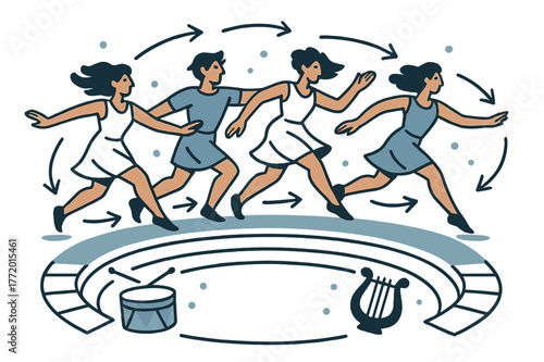 Dynamic Dance Harmony. Amphitheater ? Chorus in Motion. Dancers sweep in a semicircle; arrows trace their synchronized steps. Drums and lyre icons pulse at the