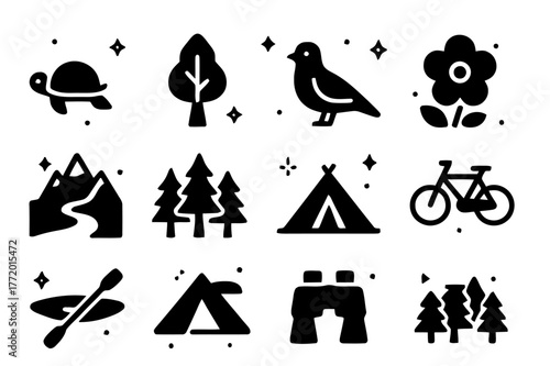 Eco-tourism Icons. Eco-tourism with wildlife preservation. Solid icons set of Eco-tourism with wildlife preservation: animals, trees, birds, flowers,